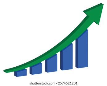3D business growth chart with rising arrow isolated on transparent or white background