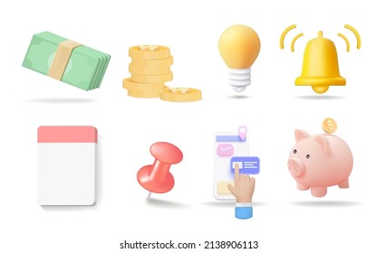 Juego de iconos de empresa 3d. paquete de efectivo, bombilla, campana, pasador, banco de cerdos. ilustración vectorial.