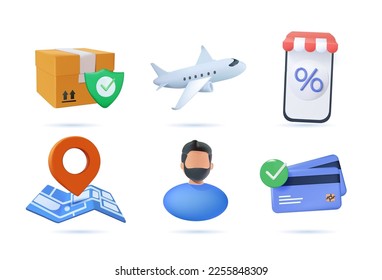 3D Business, conjunto de iconos. Iconos de ecommerce de entrega conjunto de vectores 3d procesado. Mapa, pin, avión, repartidor o cliente, caja, tienda online. Iconos de envío ilustraciones