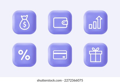 3d business icon set. Money bag, wallet, percent, credit card, gift on realistic violet buttons. Modern infographic logo and pictogram collection. Vector cartoon illustration.