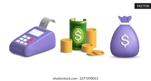 Juego de iconos de empresa 3d. Terminal de pago, bolsa de dinero, pila de monedas y dólar. Elementos de diseño al estilo de las caricaturas. Ilustración vectorial.