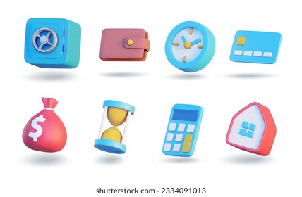 3d business icon set. Safe, wallet, watch, card, bank card, cash bag, bag, hourglass, calculator, home. Render vector illustration