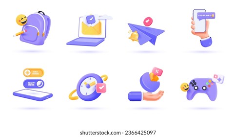 3d Business icon set. Trendy illustrations of Backpack, Email Reminder, Seo, Subscribe, App Development, Newsletter, Time management, Gaming, etc. Render 3d vector objects