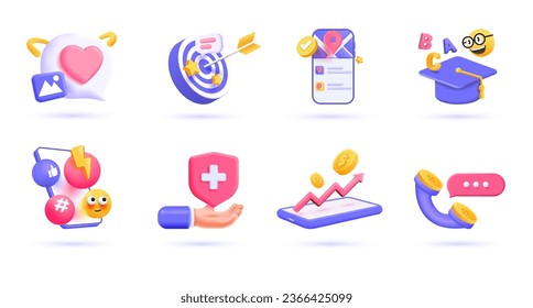 3d Conjunto de iconos de negocios. Ilustraciones de moda de la burbuja de Chat Corazón, Logro, Navegación por Teléfono, Educación, Medios Sociales, Salud, Inversión, Atención al Cliente, etc. Representar objetos vectoriales 3d