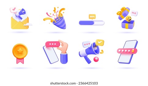 3d Business icon set. Trendy illustrations of Newsletter, Party, Loading bar, Sale, Achievement, Chat, Digital Marketing, Security, etc. Render 3d vector objects