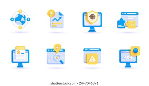 3d business icon set. Trendy illustrations of Digital Business, App development, Marketing, Data Analysis, Startup, Education, Online Shopping, Faq, Stock Market, Finance. Render 3d vector objects