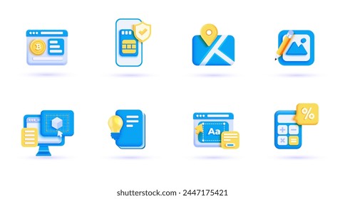 3d business icon set. Trendy illustrations of Digital Business, App development, Marketing, Crypto currency, Data protection, Education, Online Shopping, Faq, Stock Market, Finance. Render 3d vector