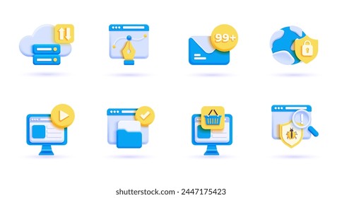 3d business icon set. Trendy illustrations of Digital Business, App development, Marketing, Data Analysis, Social Media, Education, Online Shopping, Faq, Stock Market, Finance. Render 3d vector object