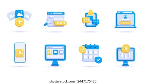 3d business icon set. Trendy illustrations of Digital Business, App development, Marketing, Data Analysis, Social Media, Education, Online Shopping, Seo, Stock Market, Finance. Render 3d vector object