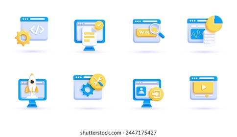 3d business icon set. Trendy illustrations of Digital Business, App development, Marketing, Data Analysis, Social Media, Education, Online Shopping, Faq, Stock Market, Finance. Render 3d vector object
