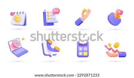 3d Business icon set. Trendy illustrations of Reminder, Clipboard, Seo, Investment, Cash receipt, Newsletter, Calculator, etc. Render 3d vector objects