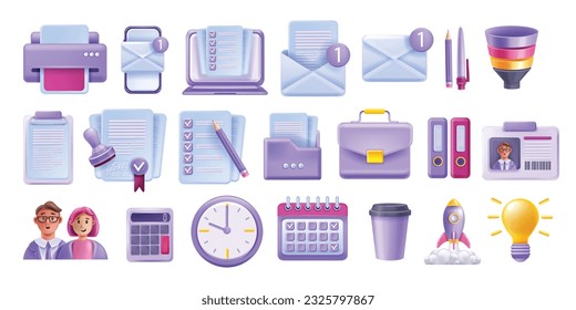 3D business icon set, work office vector stationery kit, management calendar, laptop screen document. Reception workplace object collection, colleague avatar, person ID, smartphone. Business icon