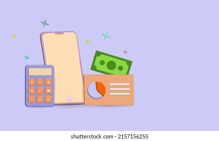 3D business icon with smartphone, calculator, money and chart, illustrator financial theme