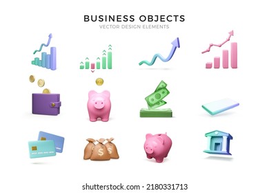 3D Business icons set. Chart growth with arrows symbol, wallet and piggy bank, wad of paper currency and credit card, money bag and mobile phone. Vector illustration