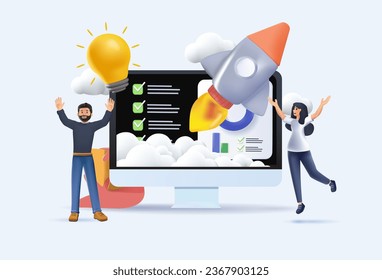 3D Business illustration. Planning, prototyping and testing startup ideas and analyzing marketing data. Business activities concept 3D cartoon. Startup vector illustration, digital marketing