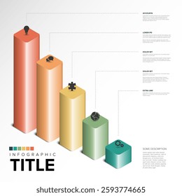 3D business infographic features gradient cubes with text, icons, and lines on light background. The layout highlights steps with titled sections and visual elements for presentations.
