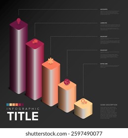3D business infographic features gradient cubes with text, icons, and lines on dark background. The layout highlights steps with titled sections and visual elements for presentations.