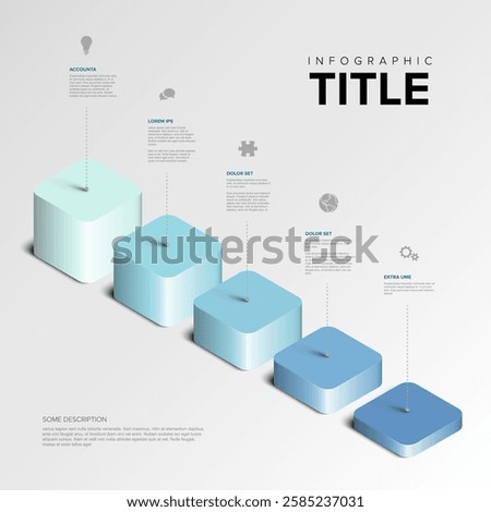 3D business infographic features gradient cubes with text, icons, and lines. The layout highlights steps with titled sections and visual elements for presentations.