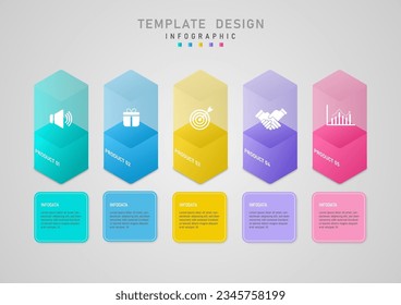 3d business infographic template Multi colored bar graph transparent top There is an icon inside Below are multi-colored square frames and letters in the middle on a gray gradient background.