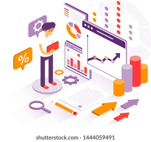 3d business infographics with a businessman analysing various charts as concept for any financial analysis on white background for copy space