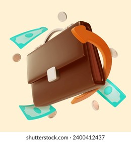 3d Business Investment Concept Cartoon Style. Vector illustration of Briefcase and Graph Arrow Symbol of Profit