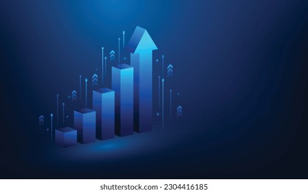 3d la inversión empresarial y el crecimiento de la gráfica se reducen en un fondo azul oscuro. tecnología de logros. ingresos y rendimiento de la inversión. concepto de aumento del mercado de valores. ilustración vectorial fantástica.