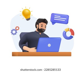 3D business man working on laptop. Young guy sitting at workplace, remote employee or freelancer 3D render. Workflow in office manager or clerk. Man at computer writing notes, doing tasks. 3D vector