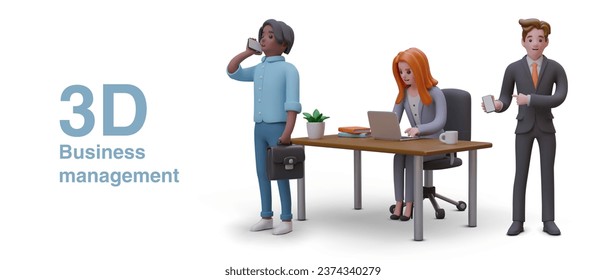 3d business management. American male holding briefcase and talking on smartphone, manage business issues. Lady working on computer in office. Vector illustration