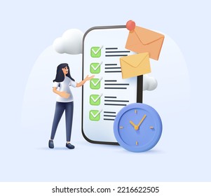 3D Business management illustration. Businesswoman planning work tasks, managing inbox emails, making schedule using calendar. Time, schedule and email management. 3D render Vector illustration