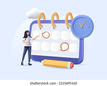 3D Business management illustration set. Characters planning work tasks, managing making schedule using calendar. Time, schedule management concept. 3D render Vector illustration