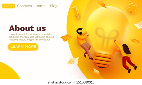 3d Business People with Big Light Bulb Idea. Innovation, Brainstorming, Creativity Concept. Website Landing page. Vector illustration