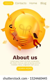 3d Business People with Big Light Bulb Idea. Innovation, Brainstorming, Creativity Concept. Website Landing page. Vector illustration