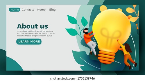 3d Business People With Big Light Bulb Idea. Innovation, Brainstorming, Creativity Concept. Website Landing Page. Vector Illustration