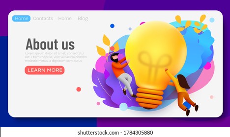 3d Business People with Big Light Bulb Idea. Innovation, Brainstorming, Creativity Concept. Website Landing page. Vector illustration