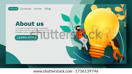3d Business People with Big Light Bulb Idea. Innovation, Brainstorming, Creativity Concept. Website Landing page. Vector illustration