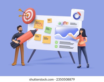 3D Business people characters working in the office. Minimal co-working space. Group of working office employees. Startup vector illustration. Team project, brainstorm, teamwork process 3D vector