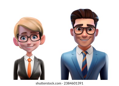 3d business people. Man and woman in strict office suits, cartoon render characters, bank employees and managers, financial sphere, vector