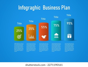 3d infografía del plan de negocio Tubos multicolores con números porcentuales e iconos, las letras Debajo es un fondo azul.