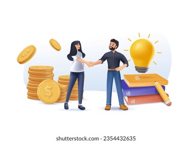 3D business porters a successful team, creative. The investor holds money in ideas, startup idea. vector illustration on white background. financing of creative projects. woman man business 3D vector