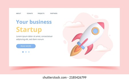 3d business startup with rocket. Innovative creative business ideas, investment and fundraising. Landing page or website template. Vector illustration