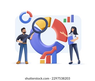 3D business statistical analysis concept.  Marketing research, analytical department. 3D character man and woman with magnifying glass look at graphs charts. Cartoon 3D render vector illustration