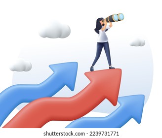 3D business strategy concept illustration. Vision path goal success. New horizons company work finding ways develop. Growth graphic looking forward for opportunities. 3D render vector illustration