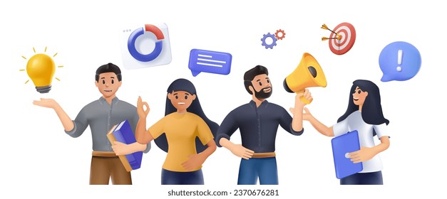 3D business team members are standing with confident faces. Business icons are floating above their heads. 3D flat cartoon design style vector illustration. Business concept. Team metaphor cooperation