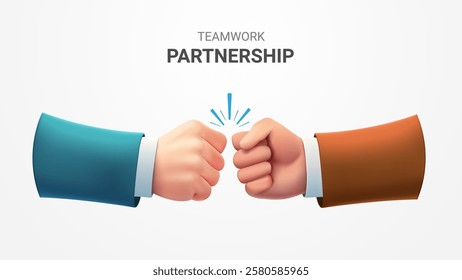 3D business teamwork, featuring two hands in a fist bump to symbolize partnership and collaboration in a professional setting. 3D Vector illustration