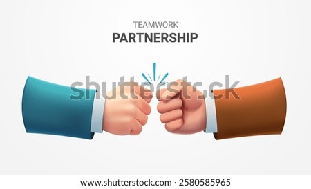 3D business teamwork, featuring two hands in a fist bump to symbolize partnership and collaboration in a professional setting. 3D Vector illustration