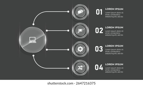 3D Business Timeline and Flow Chart Infographic with Glass Effect — 4 Step Process and 4 Option Circular Design