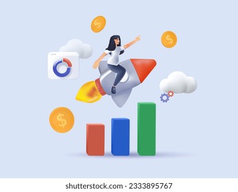 3D business training abstract concept vector illustration. Online couch, business coaching and mentoring, corporate literature, digital meetup, success abstract metaphor. 3D Woman on rocket