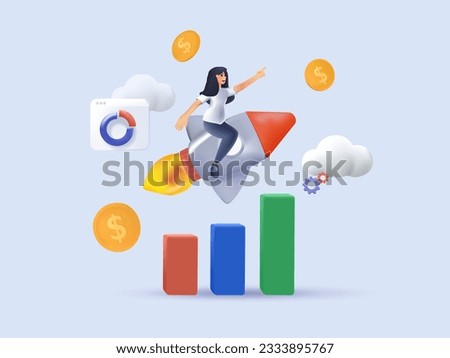 3D business training abstract concept vector illustration. Online couch, business coaching and mentoring, corporate literature, digital meetup, success abstract metaphor. 3D Woman on rocket