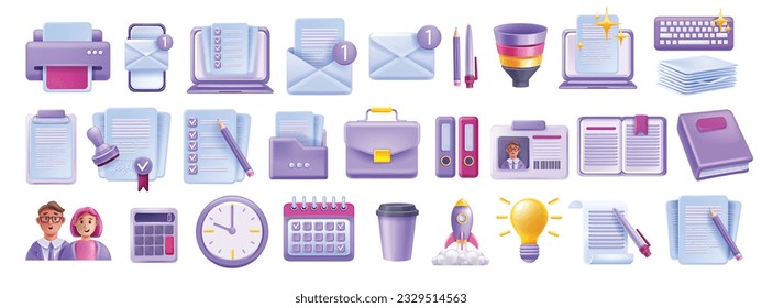 3D business vector icon set, work office stationery kit, management calendar, laptop screen document. Reception workplace object collection, colleague avatar, person ID, startup project. Business icon