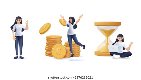 3D business woman is raising her hand and explaining. She is standing near stack of coins and looking at her hourglass. Business sccess, deadline, for slides, presentations. 3D vector illustration